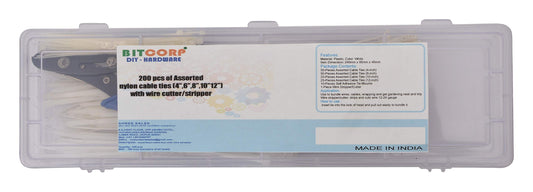 BITCORP DIY Hardware 200ANCT Assorted Nylon Cable Ties (4‰€,6‰€,8‰€,10‰€12‰€) with Wire Cutter/Stripper (Pack of 200)