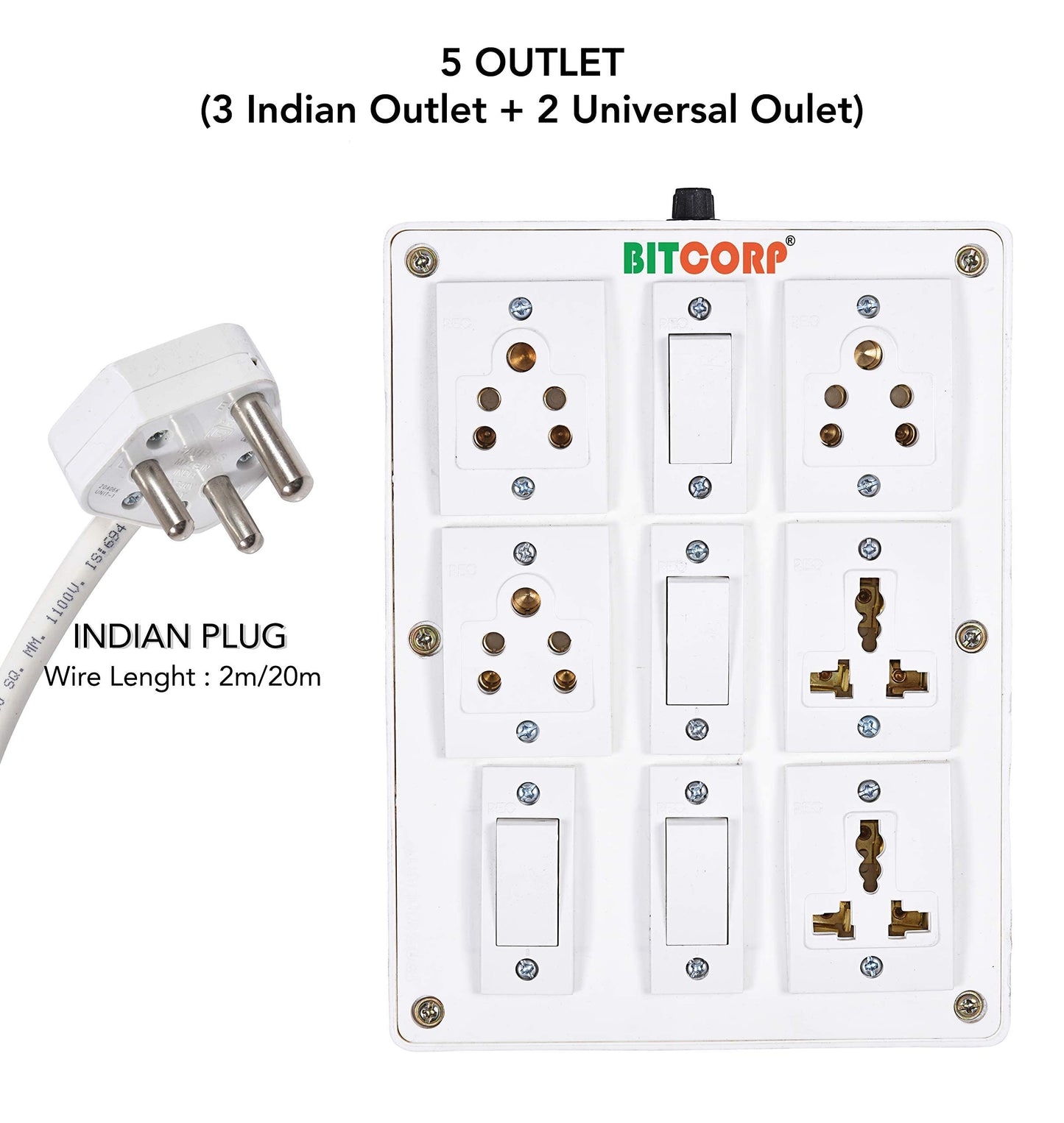 Bitcorp Extension Board , 2500W 240V, 5 Socket 4 Switch 6 amp, Multi Plug Outlet , 2 Meter Cable Cord (Polycarbonate) (White)