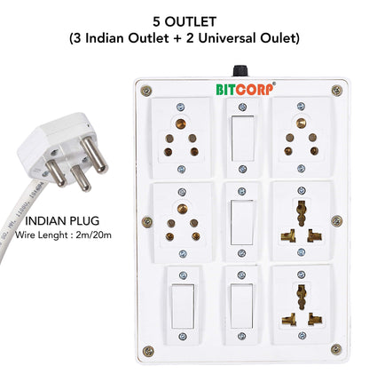 Bitcorp Extension Board , 2500W 240V, 5 Socket 4 Switch 6 amp, Multi Plug Outlet , 2 Meter Cable Cord (Polycarbonate) (White)