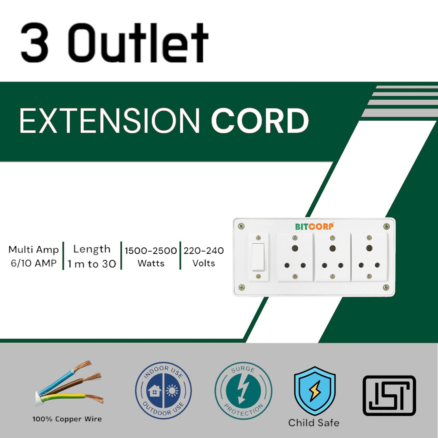 BITCORP Extension Board Heavy Duty 6A 3 Socket 1 Switch