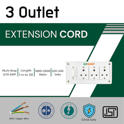 BITCORP Extension Board Heavy Duty 6A 3 Socket 1 Switch