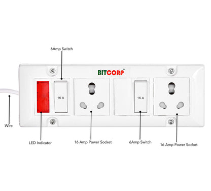 Bitcorp Extension Cord 2 Socket 2 Switch, 16AMP 2500W Heavy Duty Power Strip, Surge Protected Wire for Home, Office, Electric vehicle Charging, TV, Fridge, Cooler, PC (White) 220V