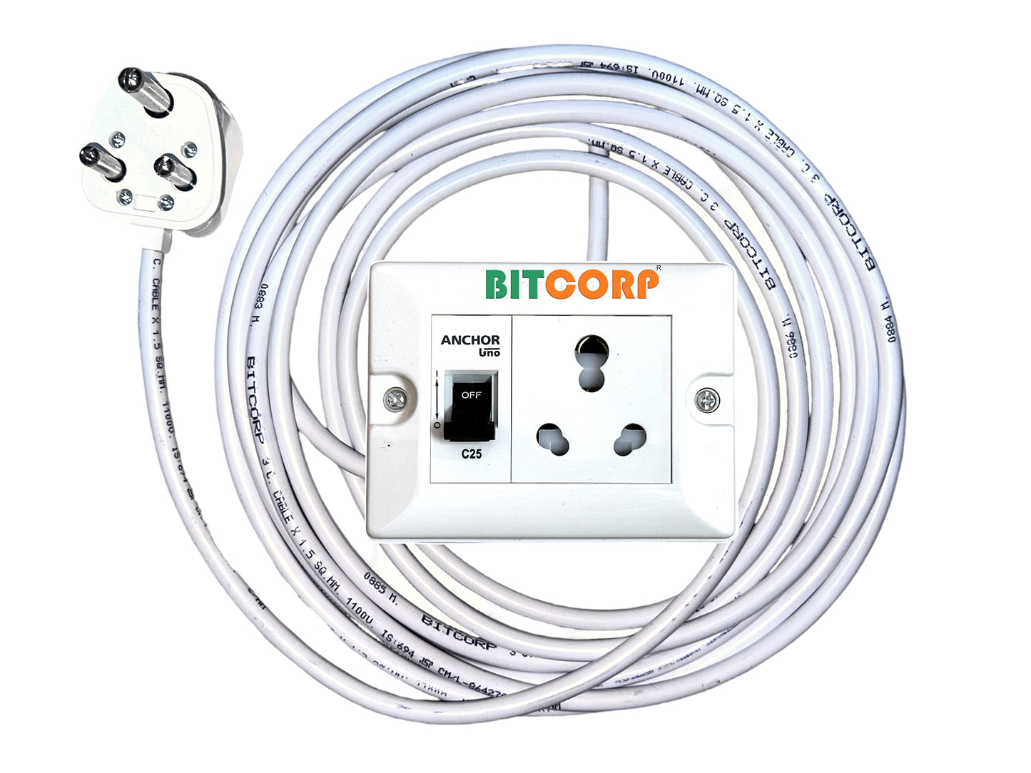 Bitcorp 16A Power Extension Board 1 Socket 1 Mcb, 2500W Surge Protector, Electric Cord for Computer, Fridge, AC, Home and Office Appliances (White) 220 Volts