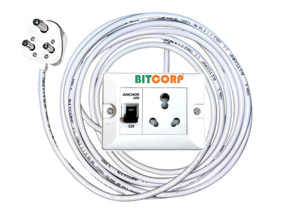 Bitcorp 16A Power Extension Board 1 Socket 1 Mcb, 2500W Surge Protector, Electric Cord for Computer, Fridge, AC, Home and Office Appliances (White) 220 Volts