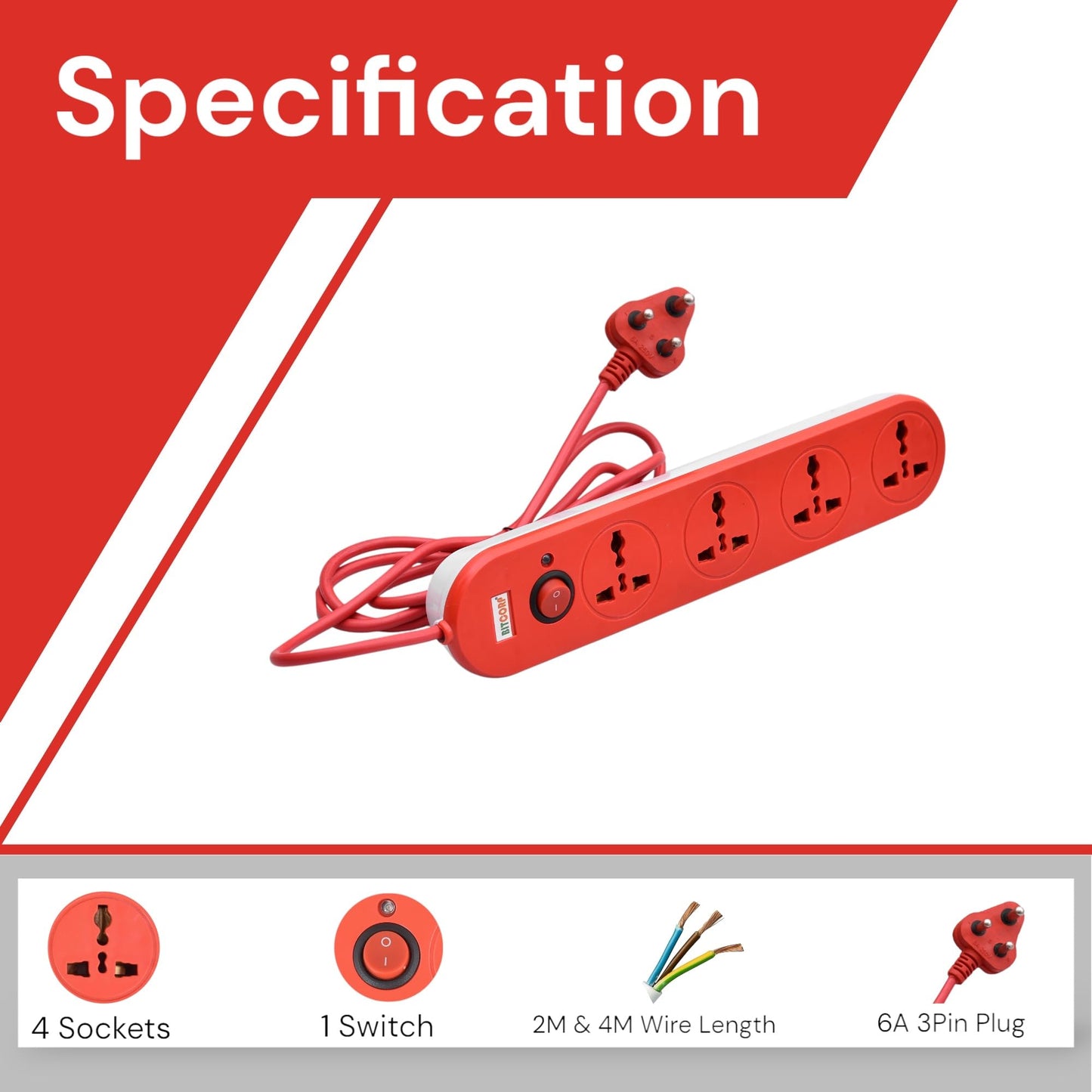 Bitcorp Extension Board 10Amp 250 Volts with Mtr Extension Cord & Surge Protector | Master Switch, Safety Shutter, 4 International Sockets | Multi Plug Travel Adapter for Home Appliances