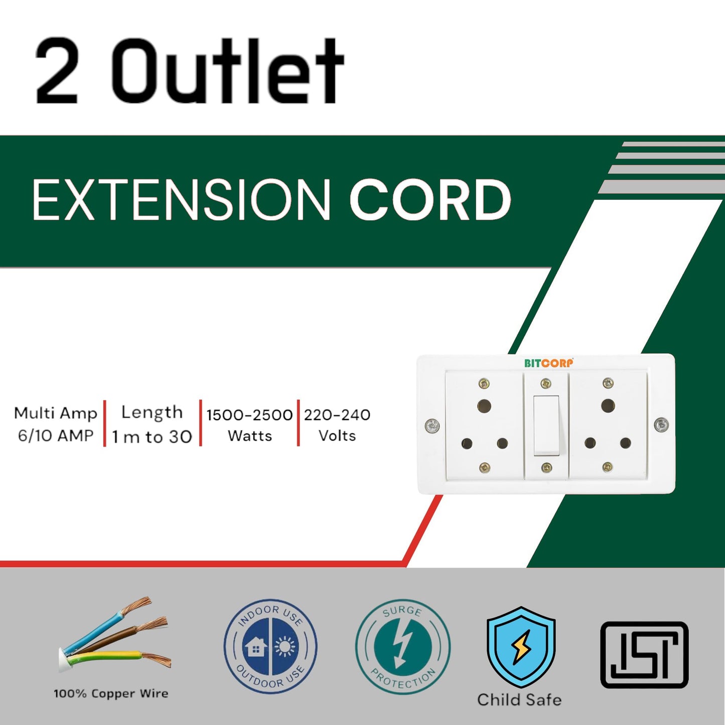 BITCORP Heavy Duty Extension Board 2 Socket 1 Switch