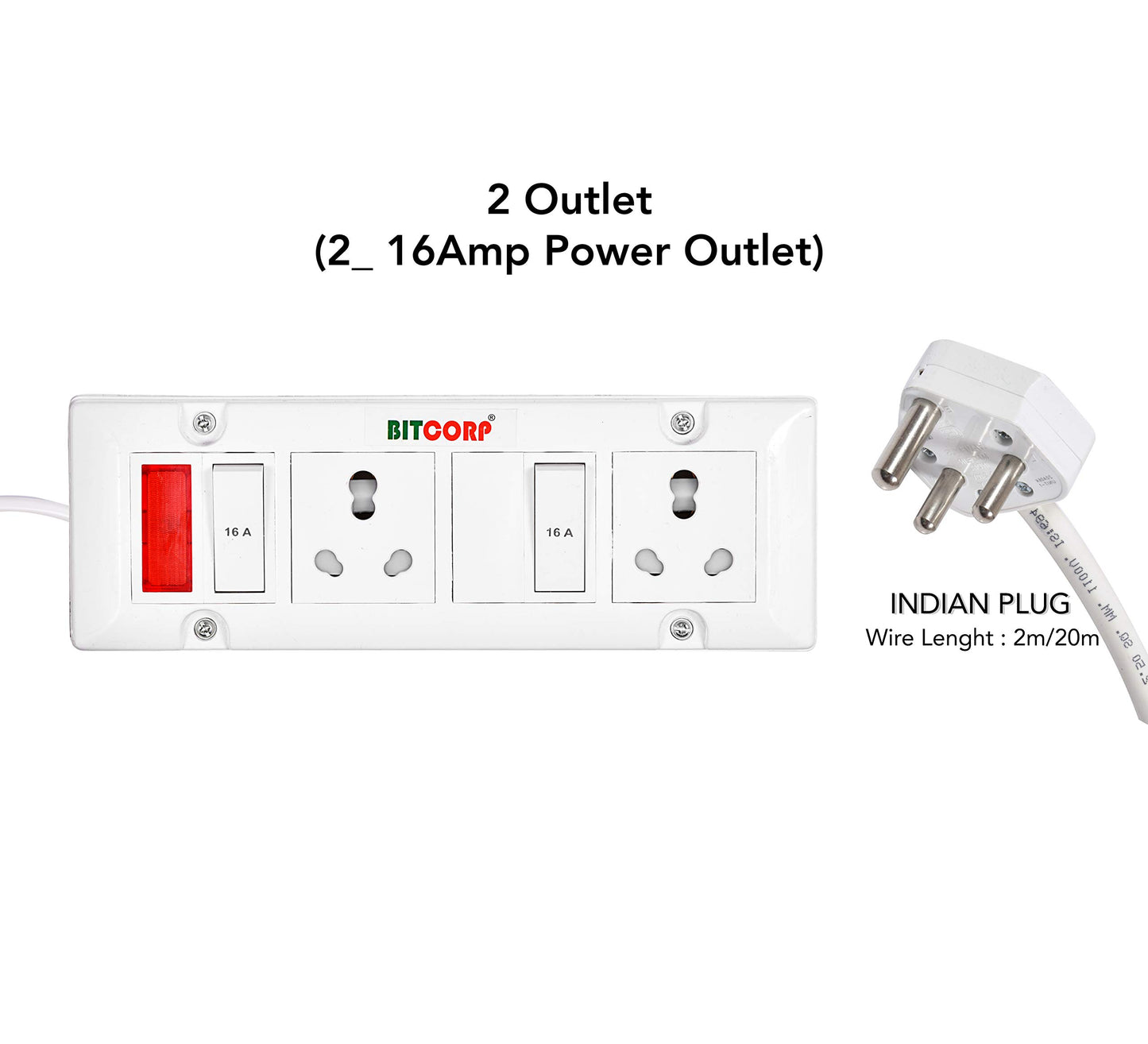Bitcorp Extension Cord 2 Socket 2 Switch, 16AMP 2500W Heavy Duty Power Strip, Surge Protected Wire for Home, Office, Electric vehicle Charging, TV, Fridge, Cooler, PC (White) 220V