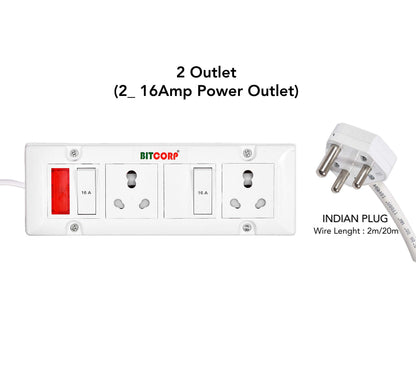 Bitcorp Extension Cord 2 Socket 2 Switch, 16AMP 2500W Heavy Duty Power Strip, Surge Protected Wire for Home, Office, Electric vehicle Charging, TV, Fridge, Cooler, PC (White) 220V