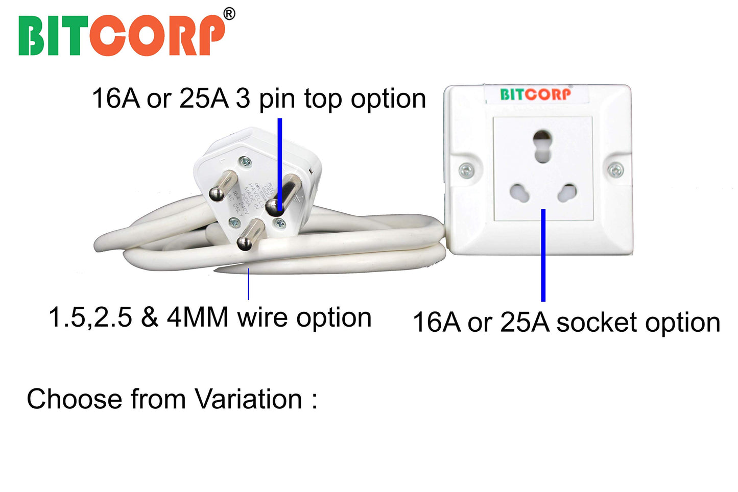 Bitcorp Extension Cord With 1 Socket , 16AMP 3500W Heavy Duty Power Strip, Surge Protected Wire for Home, Office, Electric vehicle Charging, TV, Fridge, Cooler, PC (White) 220V