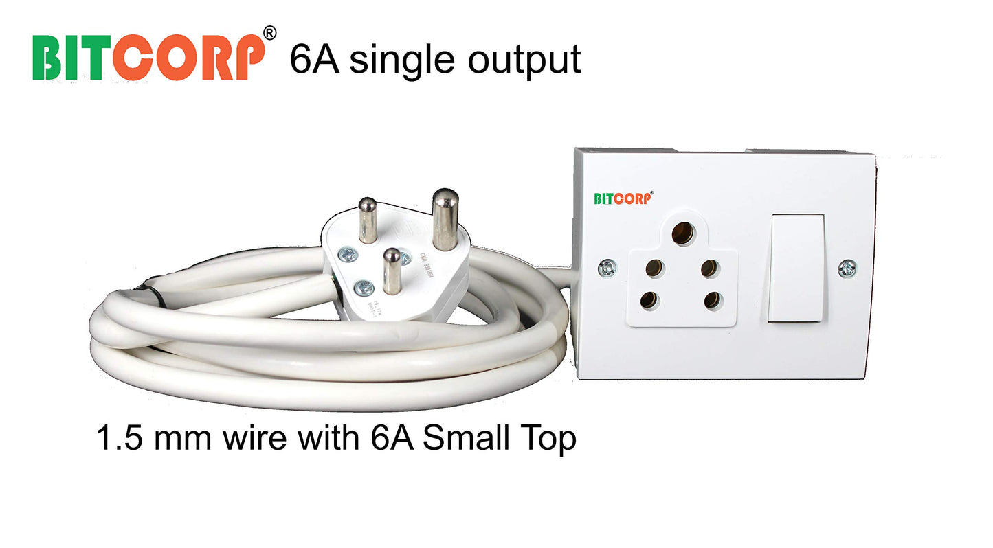 Bitcorp Extension Board 1 Socket 1 Switch 6A, 1500W Heavy Duty Power Strip with Surge Protector Electric Power Extension Cord for Home Gadgets, Office, Pc, Cooler, Fridge (White) 220 Volts