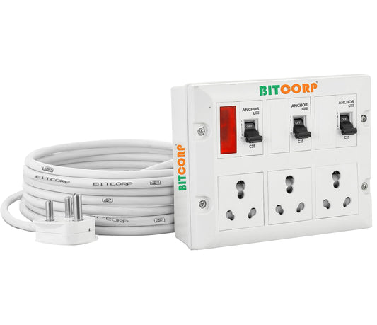 Bitcorp Junction Box, 3 Socket 3 Mcb, 4000W 16A Plug Box Spike Buster with Surge Protector, 3 Meter Extension Cable Power Cord for Home, Office, Cooler, Fridge, AC (White) 220V