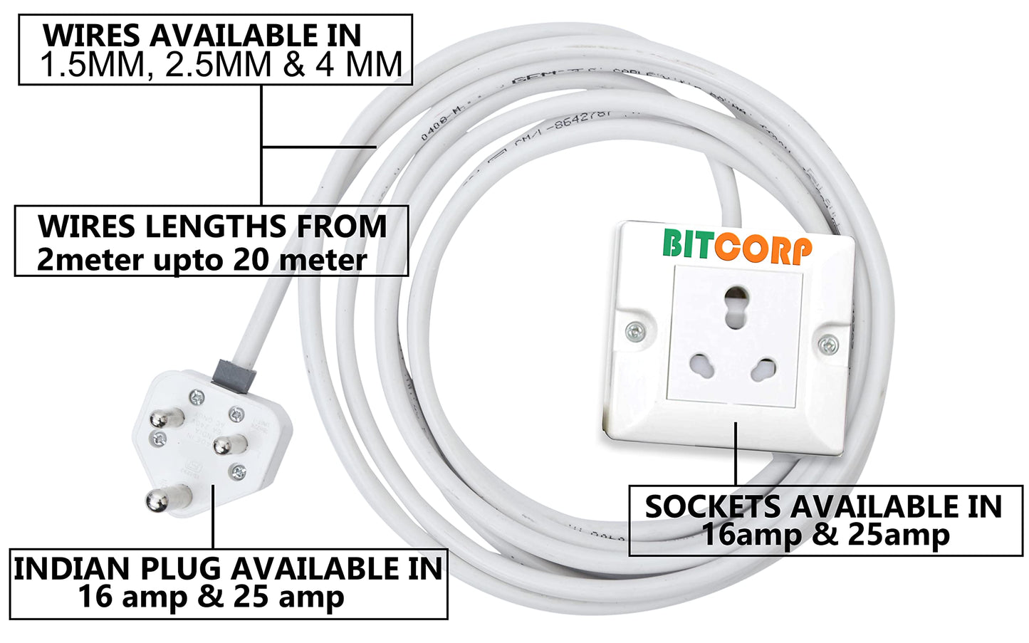 Bitcorp Extension Cord With 1 Socket , 16AMP 3500W Heavy Duty Power Strip, Surge Protected Wire for Home, Office, Electric vehicle Charging, TV, Fridge, Cooler, PC (White) 220V