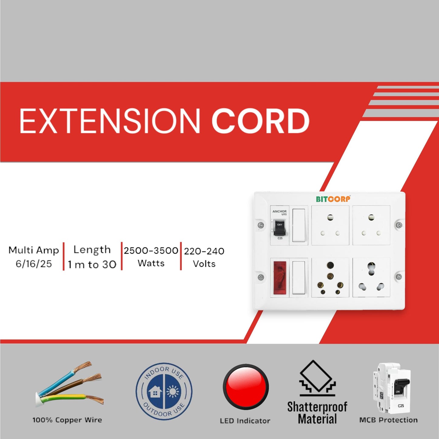 Bitcorp Electric Extension Board For Heavy Duty 6A 16A 20A (2500W) 4 Universal Socket 2 Switch Thermal Protected Mcb 25 Meter Long Cable Wire Spike Guard With 16A Plug (White)(Pack Of 2)