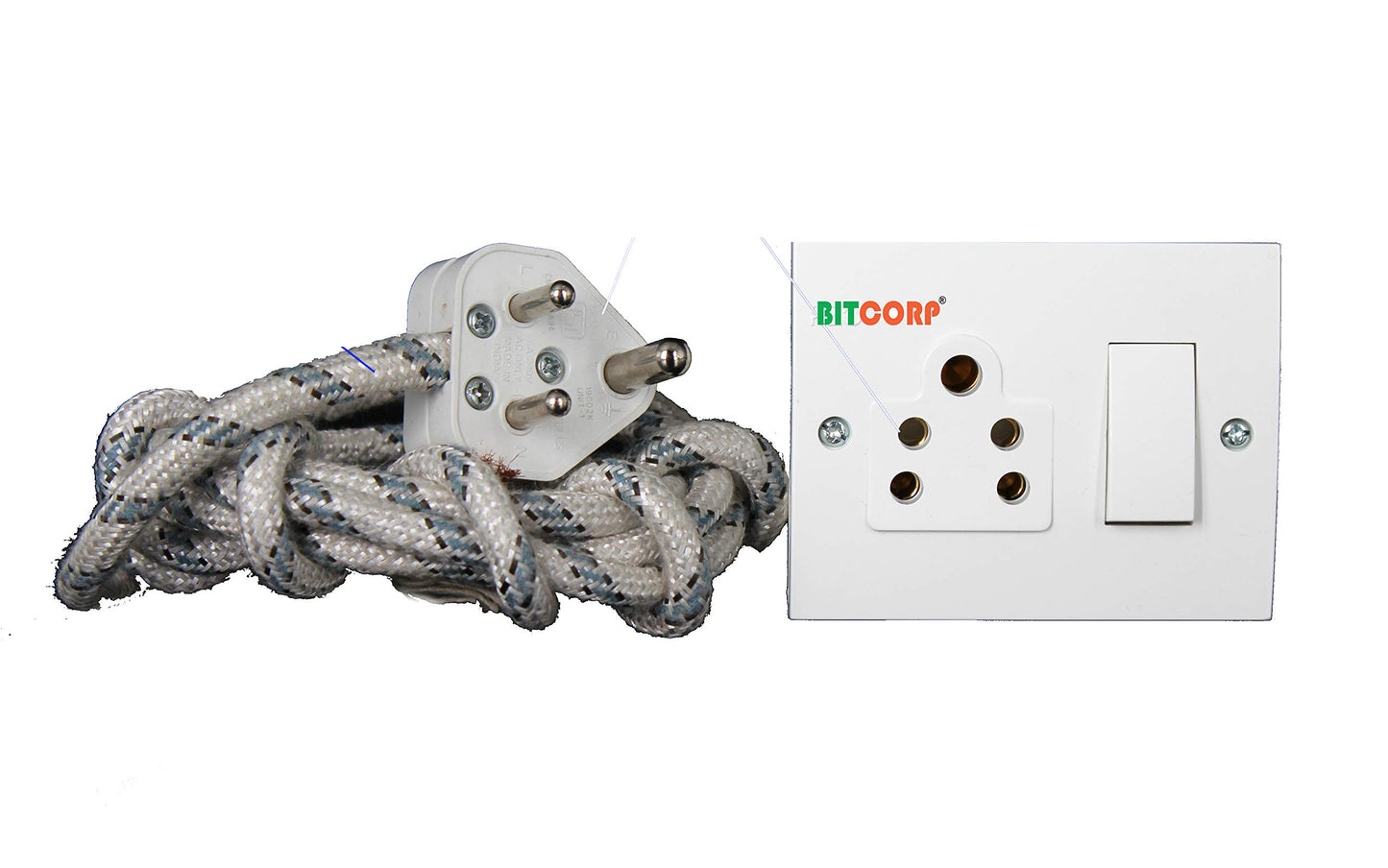 Bitcorp Power Strip With Cotton Wire 1 Socket 1 Switch, 6A 1500W Extension Board with Surge Protection Cord for Home, Office, Fridge, Cooler, Computer, Air Conditioner Cotton Wire (White) 220 Volts