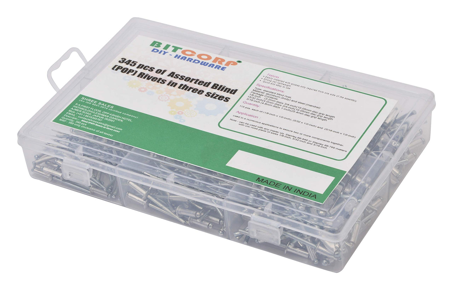 BITCORP DIY HARDWARE 345ABRS Metal Assorted Blind (Pop) Rivets In Three Sizes (Pack of 345)