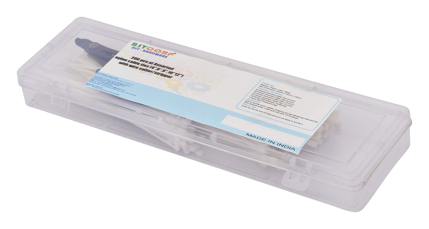 BITCORP DIY Hardware 200ANCT Assorted Nylon Cable Ties (4‰€,6‰€,8‰€,10‰€12‰€) with Wire Cutter/Stripper (Pack of 200)