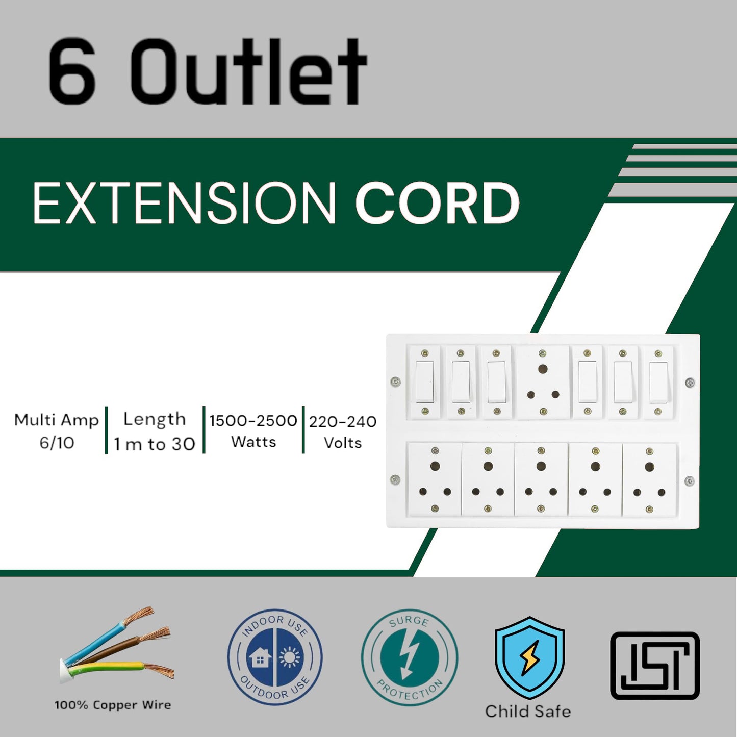 BITCORP Extension Board Heavy Duty 6A 6 Socket 6 Switch