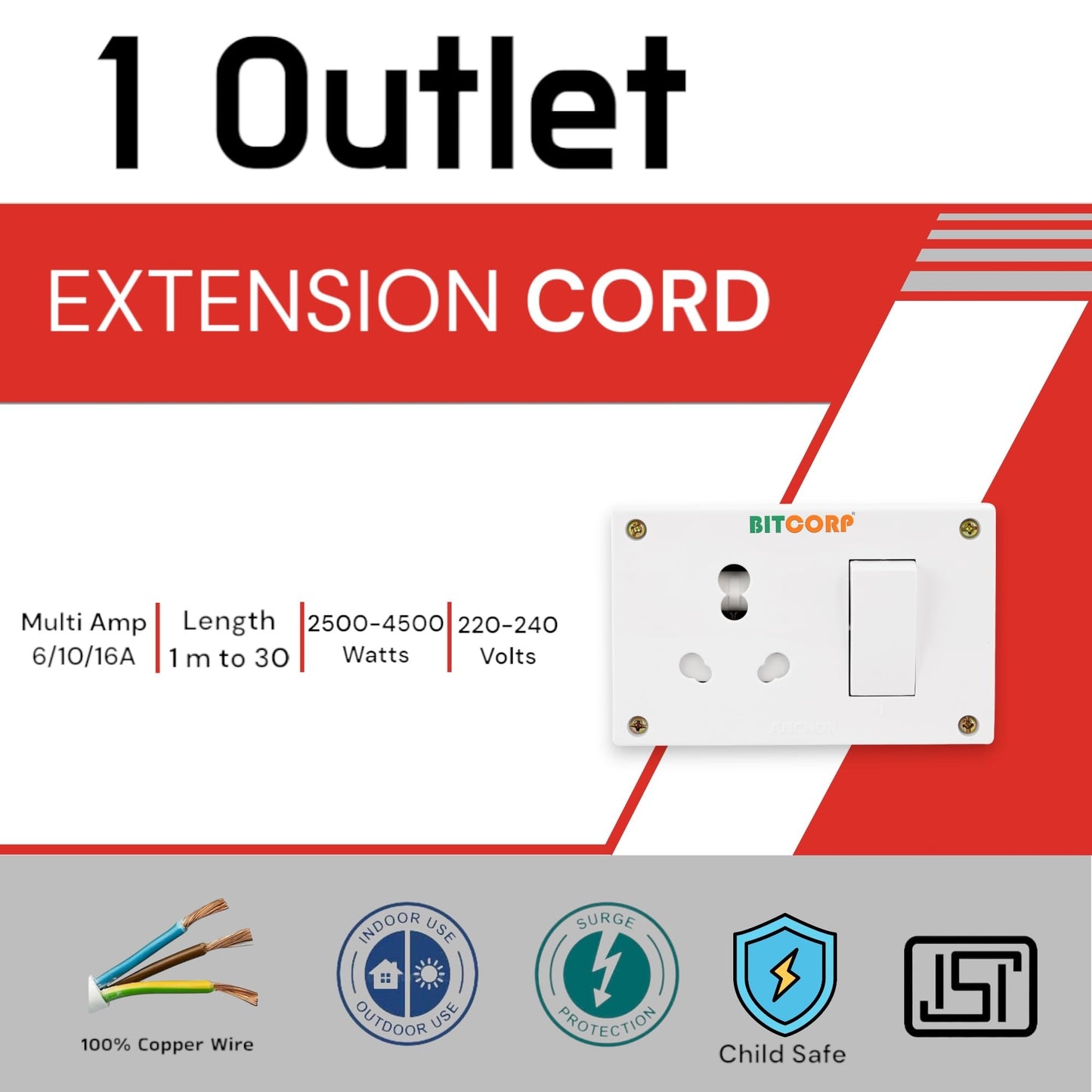 Bitcorp Extension Board 15A 16A 20A 3 Pin 1 Socket 1 Switch (3500W) With Surge Protector 10 Meter Long Cable Cord For Heavy Duty Home Kitchen Office Outdoor Indoor Appliances (White)(Pack Of 2)
