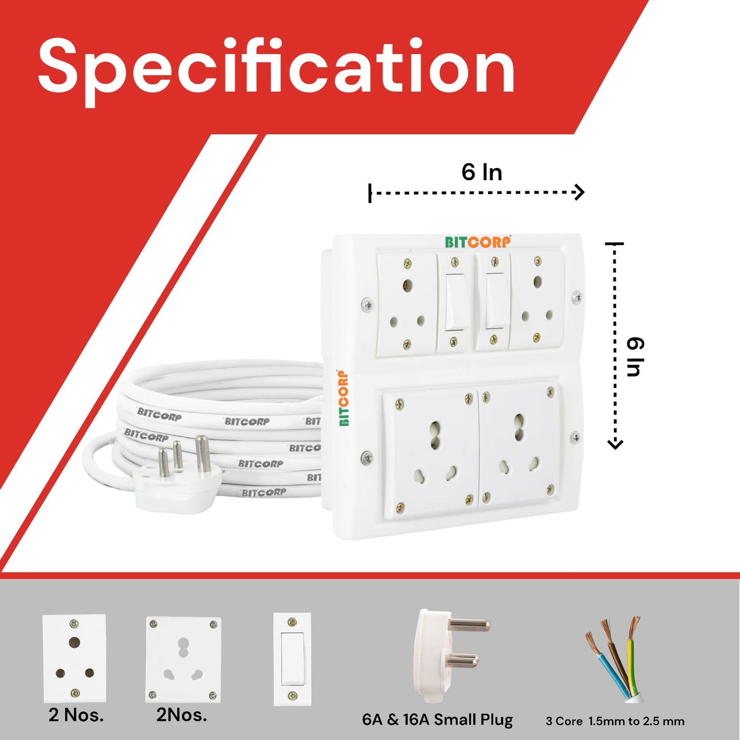 Bitcorp Electric Power Strip 6A To 16A Converter, 6A 16A 2000W, 4 Socket 2 Switch Extension Board, Surge Protected, 3 Meter Cord for Appliances, Cooler, Fridge, Air Conditioner, PC (White) 220 Volts