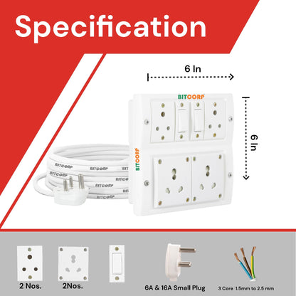Bitcorp Electric Power Strip 6A To 16A Converter, 6A 16A 2000W, 4 Socket 2 Switch Extension Board, Surge Protected, 3 Meter Cord for Appliances, Cooler, Fridge, Air Conditioner, PC (White) 220 Volts