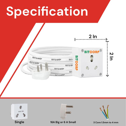 Bitcorp Extension Box 6A To 16A Converter 15A 16A 20A 1 Socket (2500W) Surge Protection High Load Capity With 8 Meter Long Wire Cord For Charger/Refrigerator/Microwave/Pc(Pack Of 2)