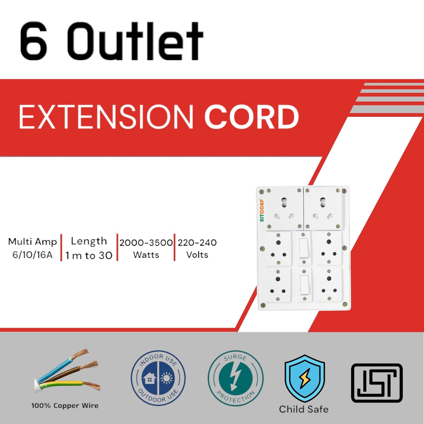 BITCORP Heavy Duty Extension Board 6 Socket 2 Switch