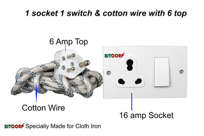 Bitcorp Power Strip With Cotton Wire 1 Socket 1 Switch, 6A 1500W Extension Board with Surge Protection Cord for Home, Office, Fridge, Cooler, Computer, Air Conditioner Cotton Wire (White) 220 Volts