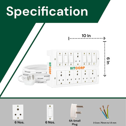 BITCORP Extension Board Heavy Duty 6A 6 Socket 6 Switch