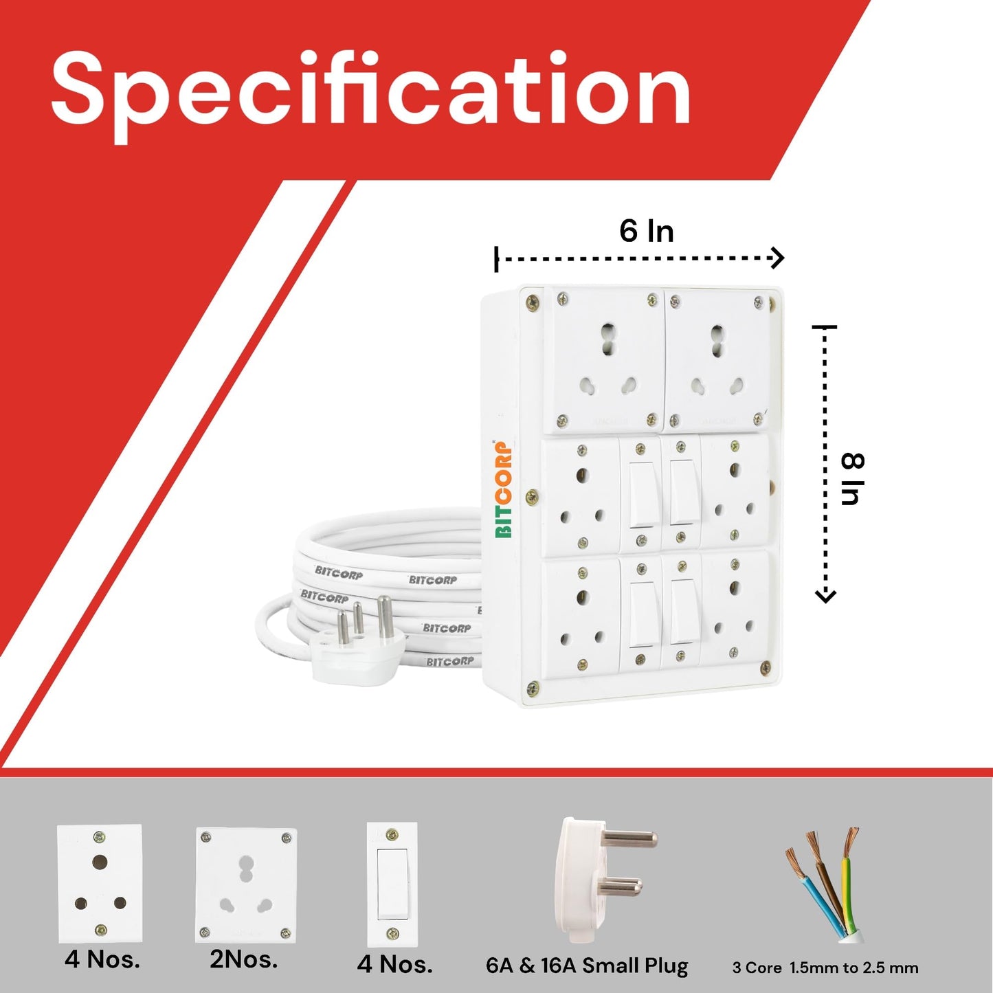 BITCORP Heavy Duty Extension Board 6 Socket 4 Switch