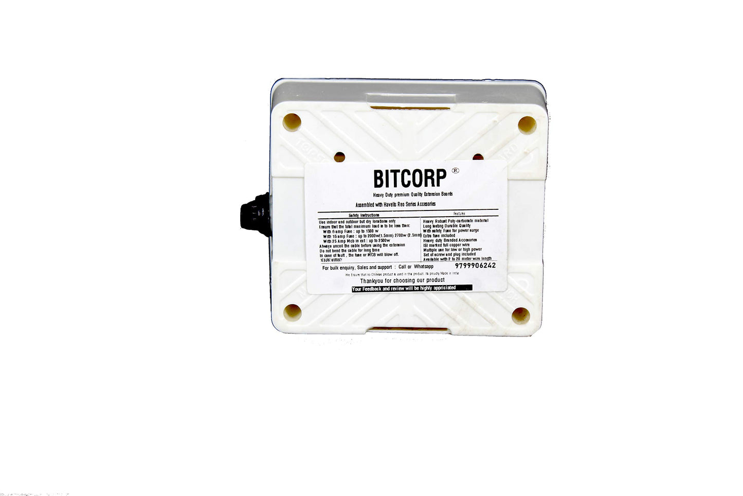 Bitcorp Extension Board 1 Socket 1 Switch 6A, 1500W Heavy Duty Power Strip with Surge Protector Electric Power Extension Cord for Home Gadgets, Office, Pc, Cooler, Fridge (White) 220 Volts