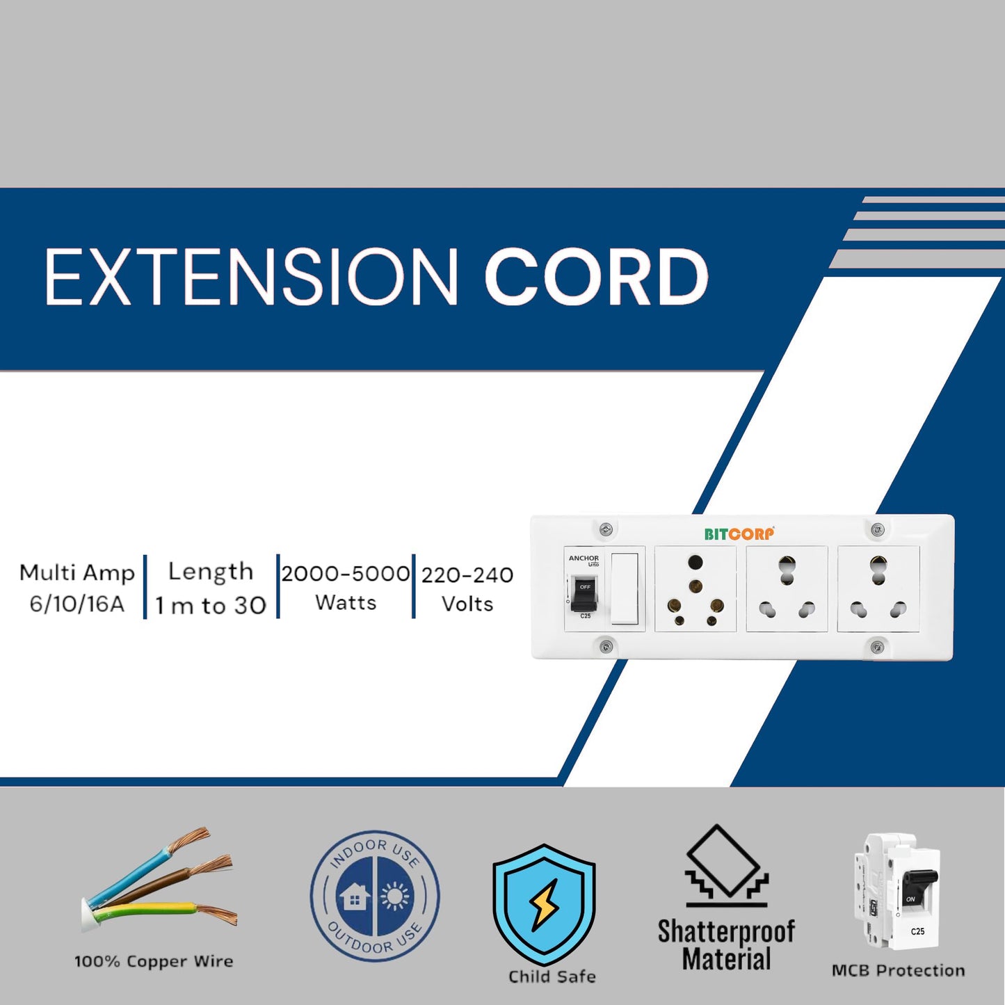 BITCORP Heavy Duty Extension Board 3 Multi Socket 1 Switch With MCB