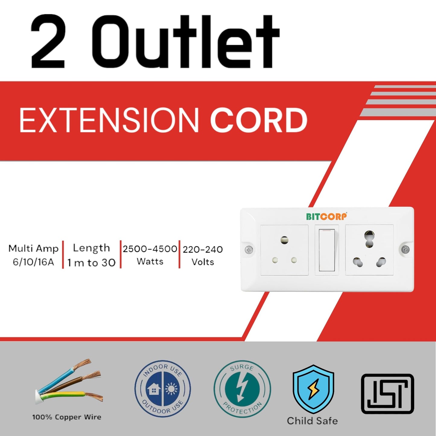 Bitcorp 6A 16A 20A Heavy Duty International Extension Board 2 Socket 1 Switch (2500W) Surge Protector with Meter Long Wire Cable for Ac, Refrigerator, Washing Machine, Microwave & Large Appliances
