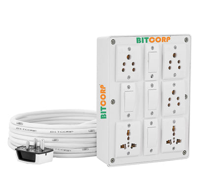 Bitcorp Extension Board , 2500W 240V, 5 Socket 4 Switch 6 amp, Multi Plug Outlet , 2 Meter Cable Cord (Polycarbonate) (White)