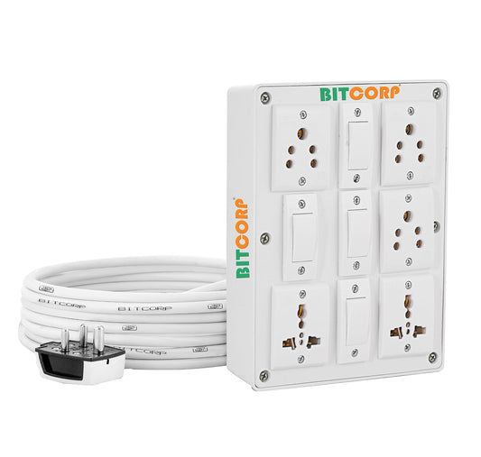 Bitcorp Extension Board , 2500W 240V, 5 Socket 4 Switch 6 amp, Multi Plug Outlet , 2 Meter Cable Cord (Polycarbonate) (White)