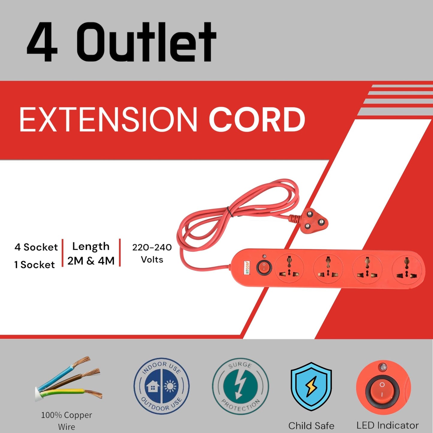 Bitcorp Extension Board 10Amp 250 Volts with Mtr Extension Cord & Surge Protector | Master Switch, Safety Shutter, 4 International Sockets | Multi Plug Travel Adapter for Home Appliances