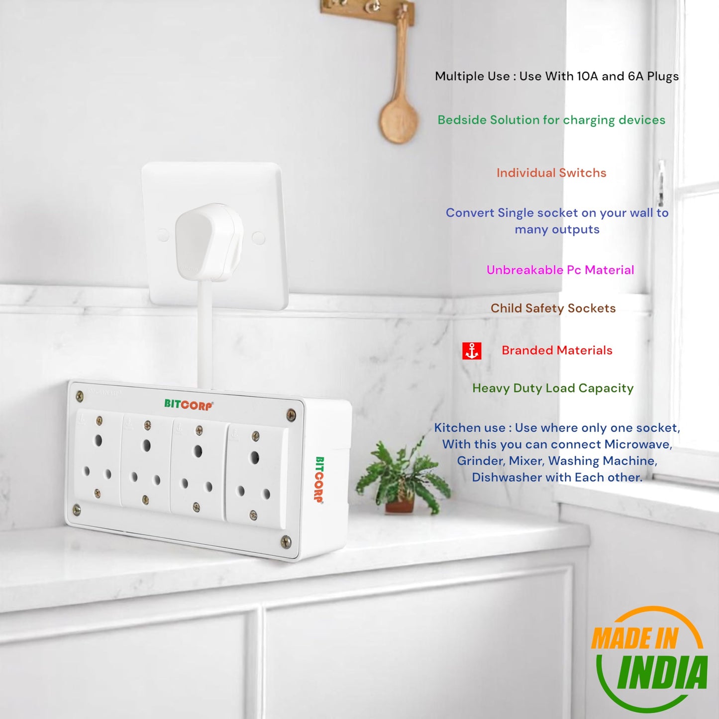 BITCORP Extension Board - 2500W 6A Extension Cord with 2 Universal Socket, Surge Protection for Home Office
