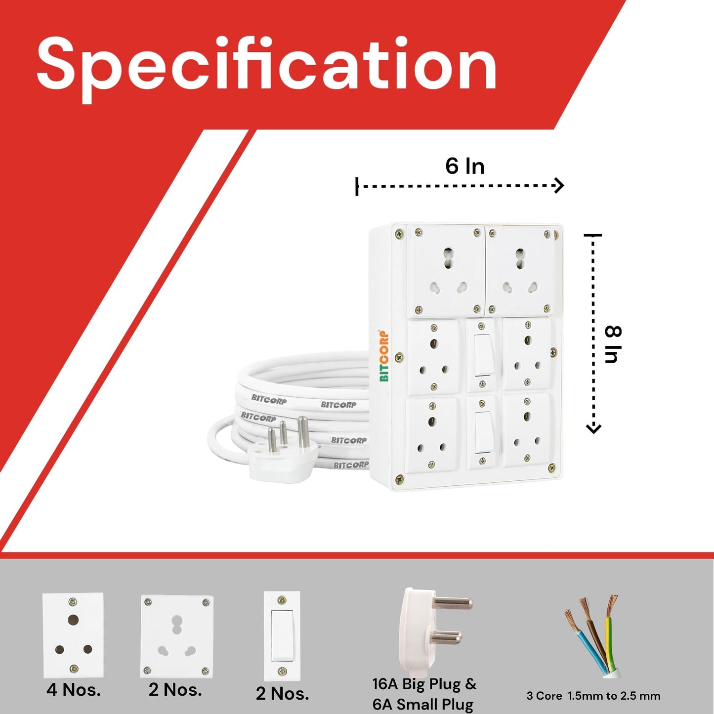 BITCORP Heavy Duty Extension Board 6 Socket 2 Switch