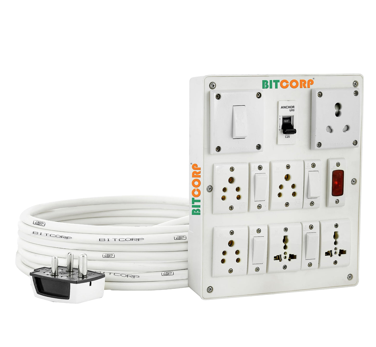 Bitcorp Extension Board 6 Socket 5 Switch 6A 16A, 3500W Heavy Duty Power Strip with Surge Protector Electric Power Extension Cord for Home Gadgets, Office, Pc, Cooler, Fridge (White) 220 Volts