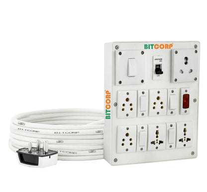 Bitcorp Extension Board 6 Socket 5 Switch 6A 16A, 3500W Heavy Duty Power Strip with Surge Protector Electric Power Extension Cord for Home Gadgets, Office, Pc, Cooler, Fridge (White) 220 Volts