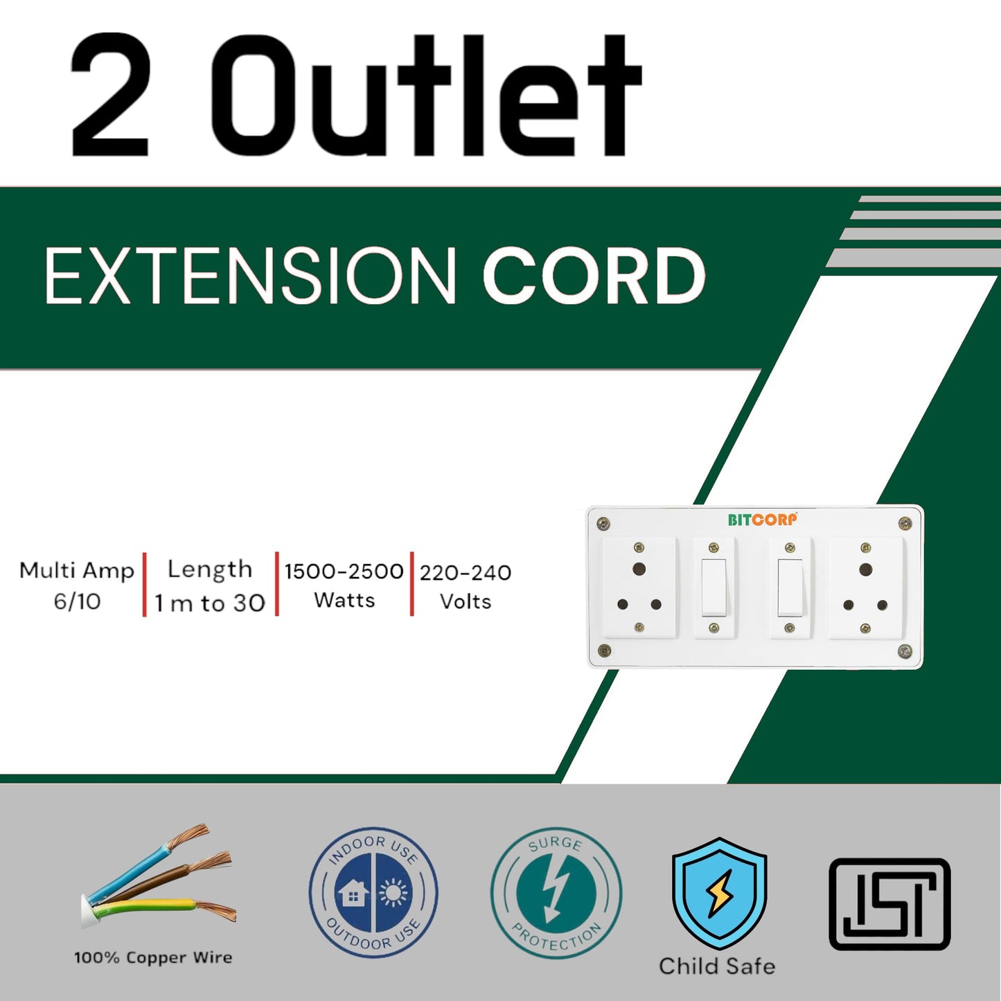 BITCORP Extension Board Heavy Duty 6A 2 Socket 2 Switch