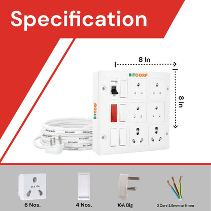 BITCORP Extension Board Heavy Duty 16A 6 Socket 4 Switch with MCB