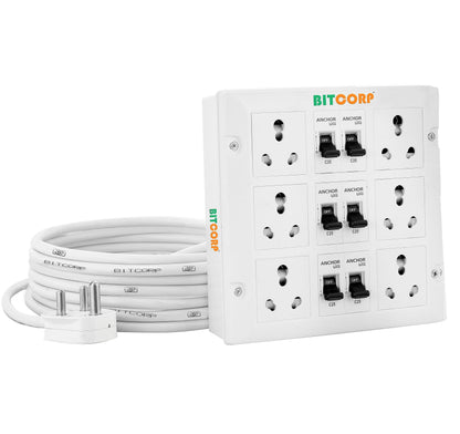 Bitcorp 16A 20A 25A Heavy Duty International Extension Board 6 Socket 6 (6000W) Surge Protector with Meter Long Wire Cable for Ac, Refrigerator, Washing Machine, Microwave & Large Appliances