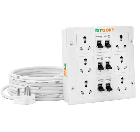 Bitcorp 16A 20A 25A Heavy Duty International Extension Board 6 Socket 6 (6000W) Surge Protector with Meter Long Wire Cable for Ac, Refrigerator, Washing Machine, Microwave & Large Appliances