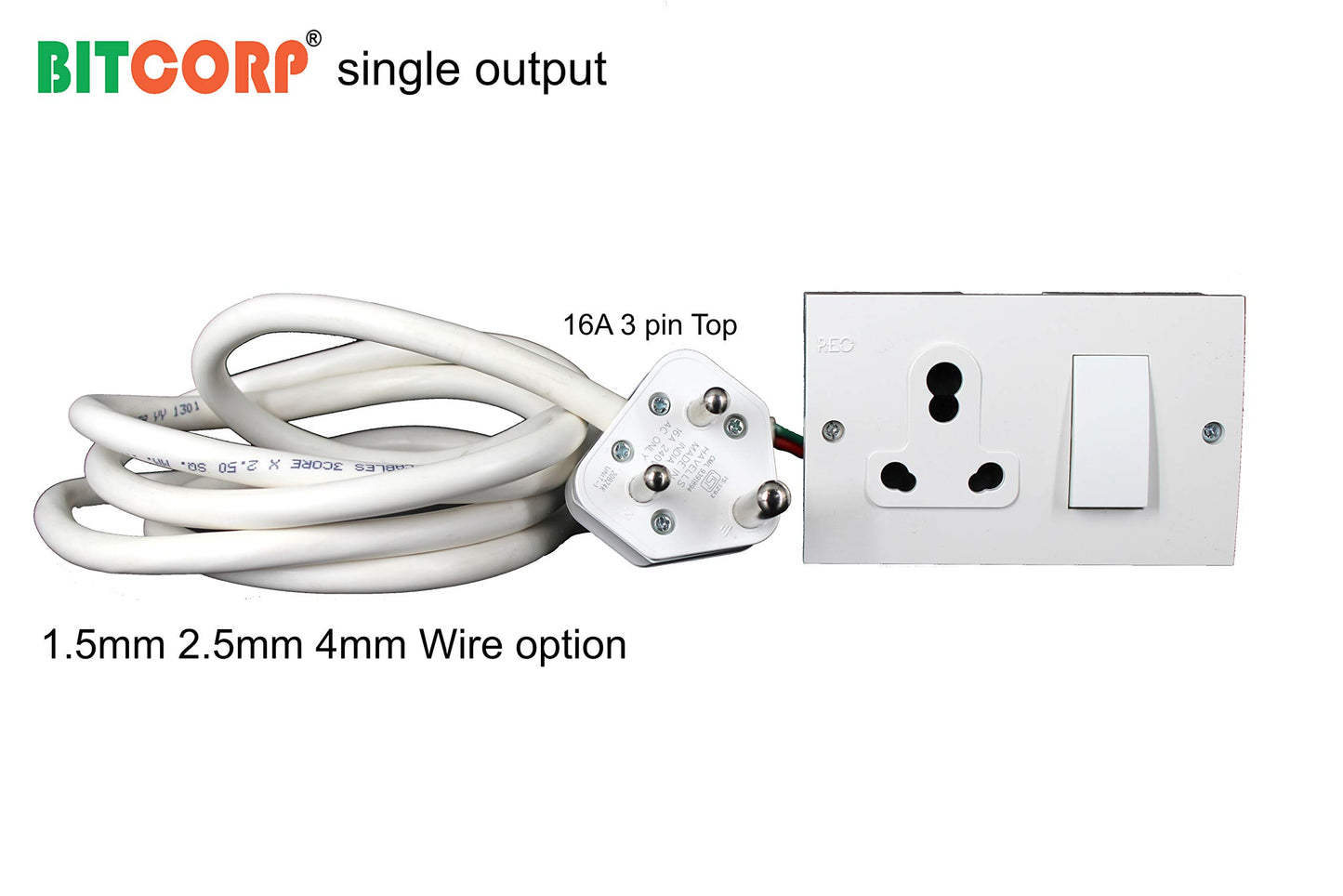 Bitcorp Power Strip With 1 Socket , 16AMP 2500W Extension Board with Surge Protection Cord for Home, Office, Fridge, Cooler, Computer, Air Conditioner (White) 220 Volts