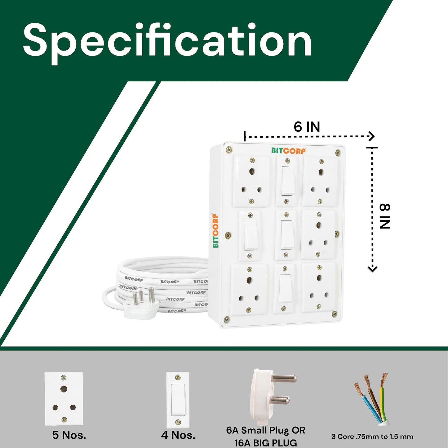 BITCORP Extension Board Heavy Duty 6A 5 Socket 4 Switch