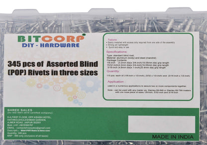 BITCORP DIY HARDWARE 345ABRS Metal Assorted Blind (Pop) Rivets In Three Sizes (Pack of 345)
