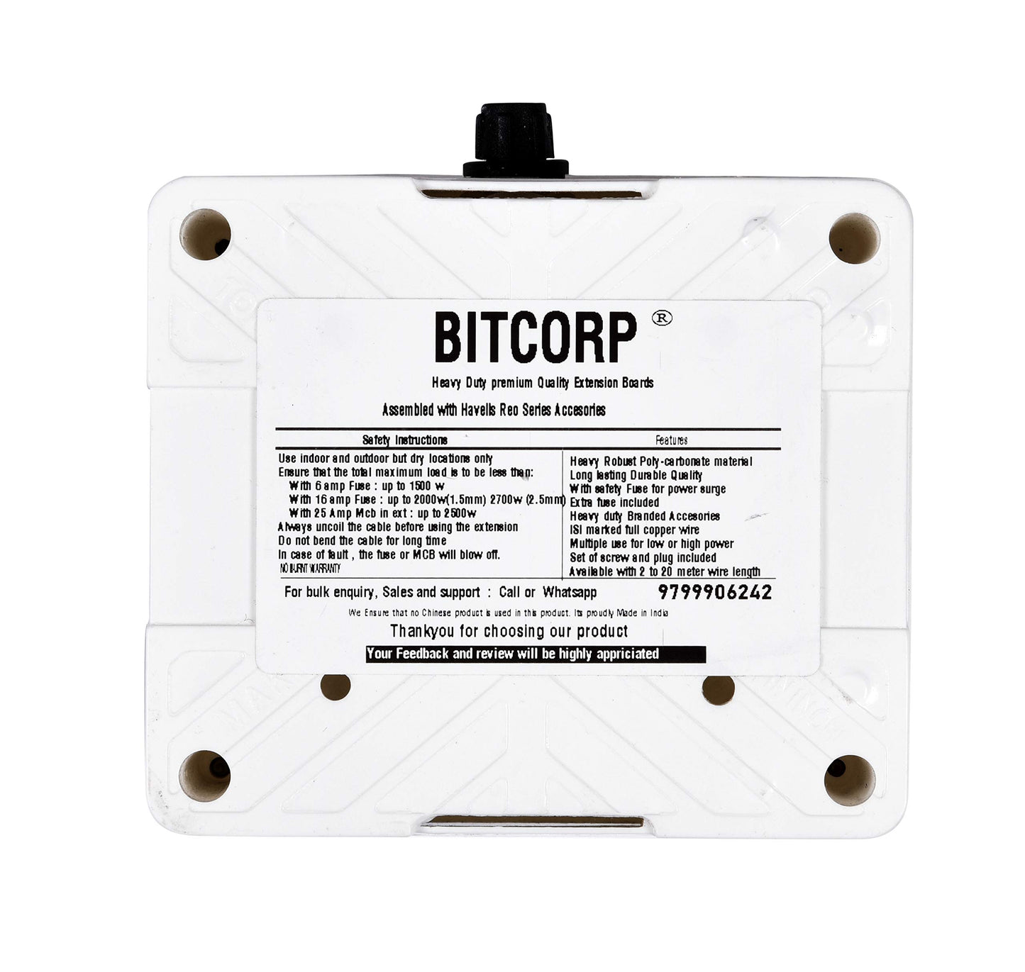 Bitcorp Extension Board 1 Socket 1 Switch 6A, 1500W Heavy Duty Power Strip with Surge Protector Electric Power Extension Cord for Home Gadgets, Office, Pc, Cooler, Fridge (White) 220 Volts