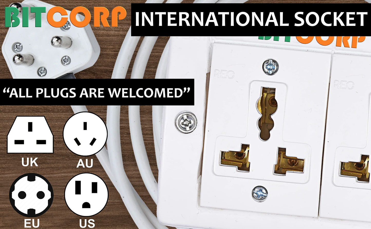 Bitcorp Power Strip 4 Socket 4 Switch, 6A 2000W Extension Board with Surge Protection Cord for Home, Office, Fridge, Cooler, Computer, Air Conditioner (White) 220 Volts