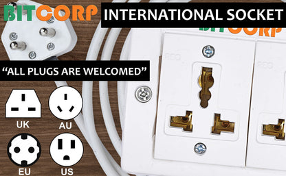 Bitcorp Power Strip 4 Socket 4 Switch, 6A 2000W Extension Board with Surge Protection Cord for Home, Office, Fridge, Cooler, Computer, Air Conditioner (White) 220 Volts