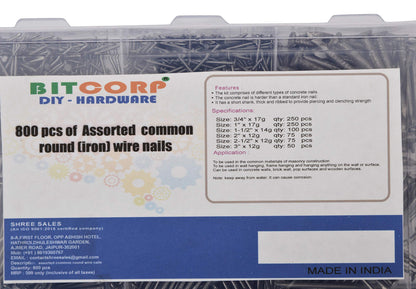 BITCORP DIY Hardware 800ACR Metal Assorted Common Round Wire Nails (Pack of 800)